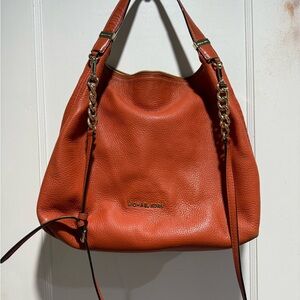 Michael Kors Orange Pebbled Leather Shoulder Hobo with Gold Chain Accents